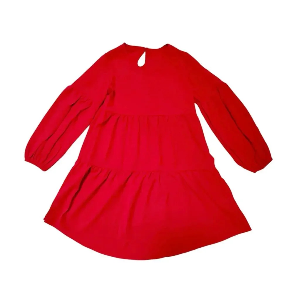 Tiered Long Sleeve Solid Red Dress